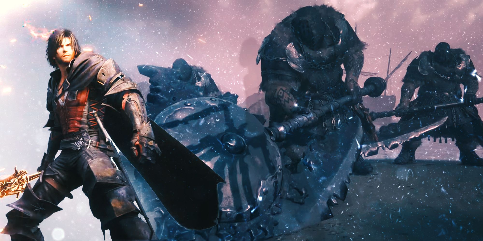 Final Fantasy 16&rsquo;s Clive holds a flaming sword on the left, while the three Mageth Brothers hold their greataxes on the right.