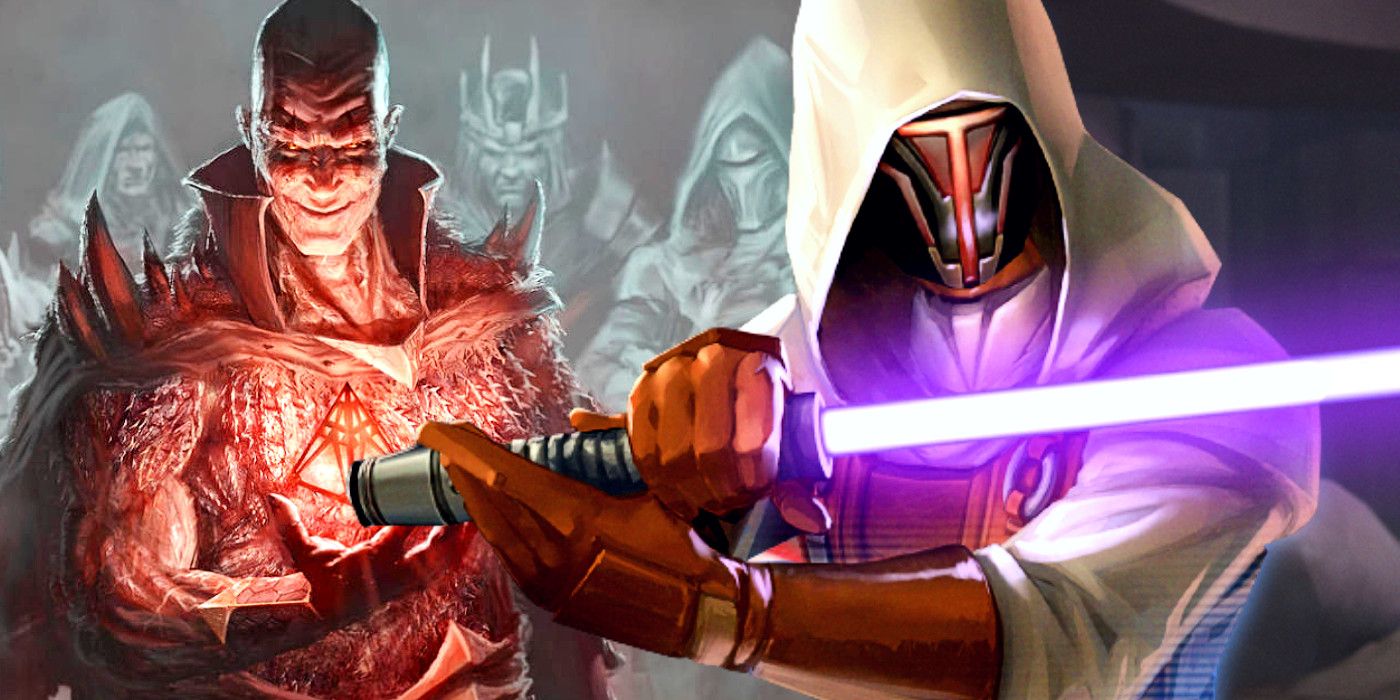 Darth Bane com um Holocron na frente em uma linha de Lordes Sith e Cavaleiro Jedi Revan.