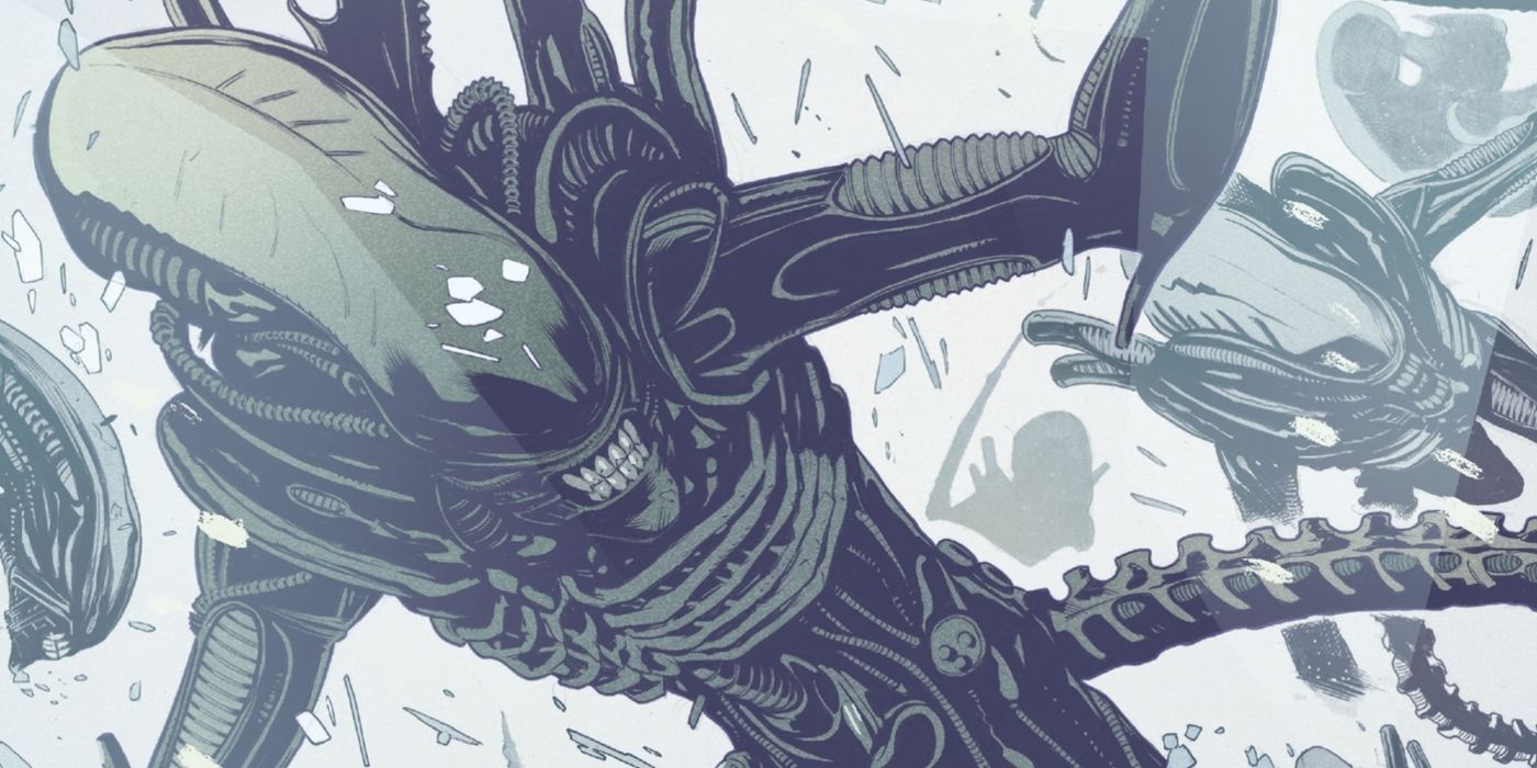 Xenomorphs floating through a field of debris.