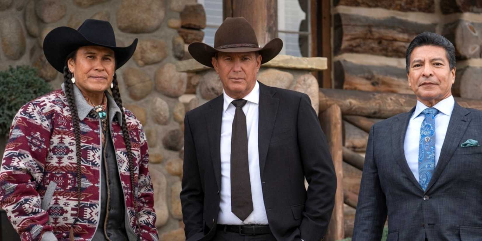 Mo Brings Plenty, Kevin Costner, and Gil Birmingham pose together in Yellowstone.