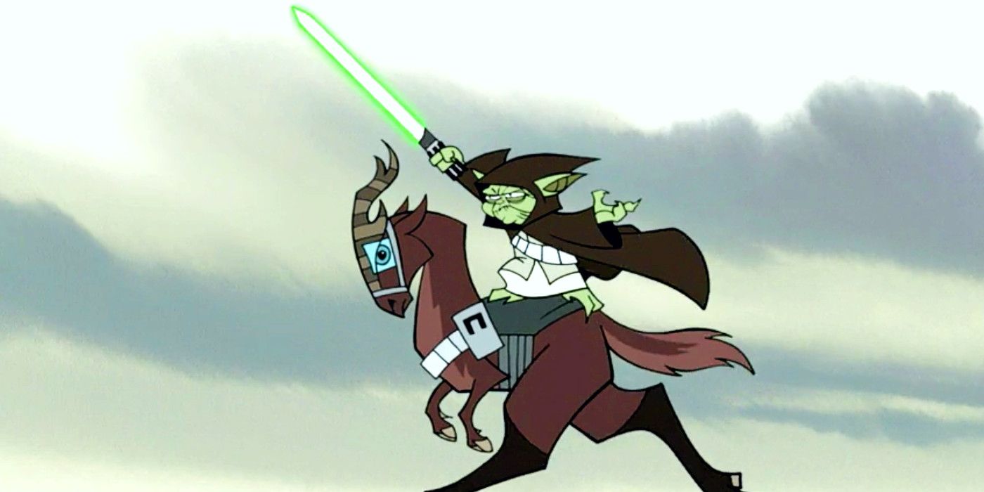 Jedi Master Yoda rides into battle in the first episode of the 2D Clone Wars microseries.