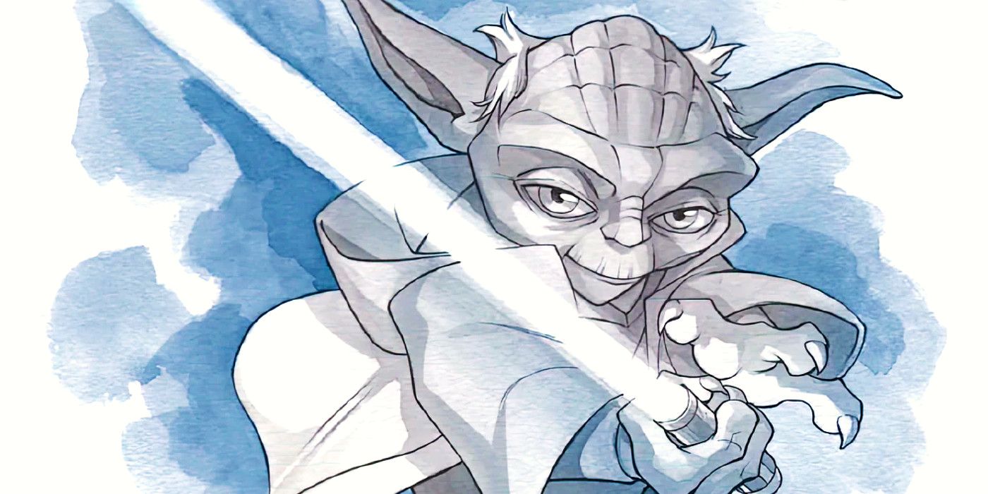 Black and white drawing of Yoda from The Clone Wars: Stories of Light and Dark anthology.