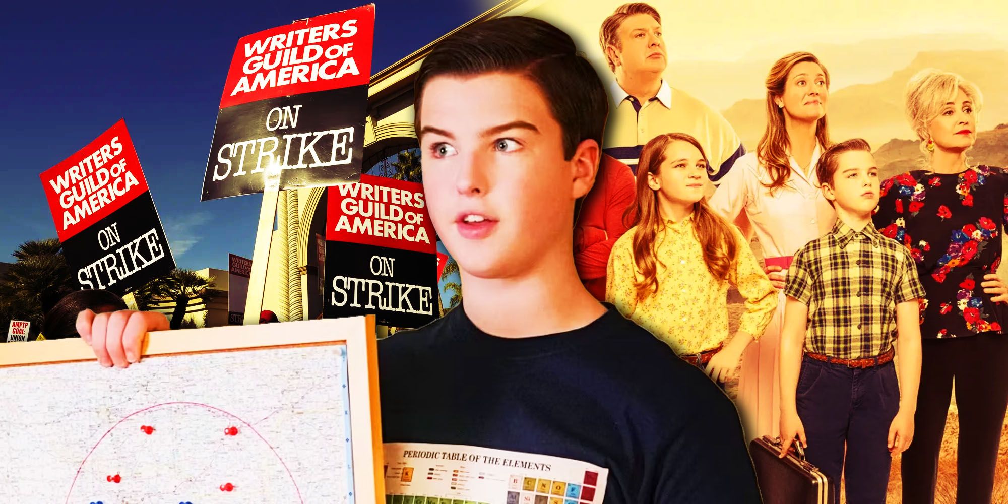 Writers Strike Picket Signs and the cast of Young Sheldon