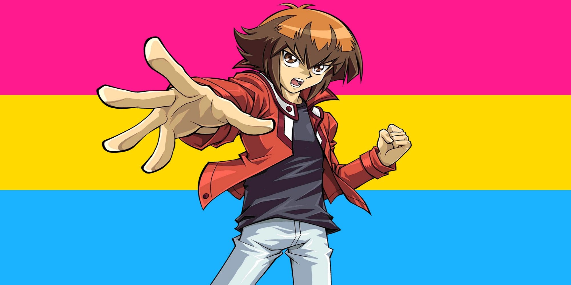 Jaden Yuki against the pansexual flag