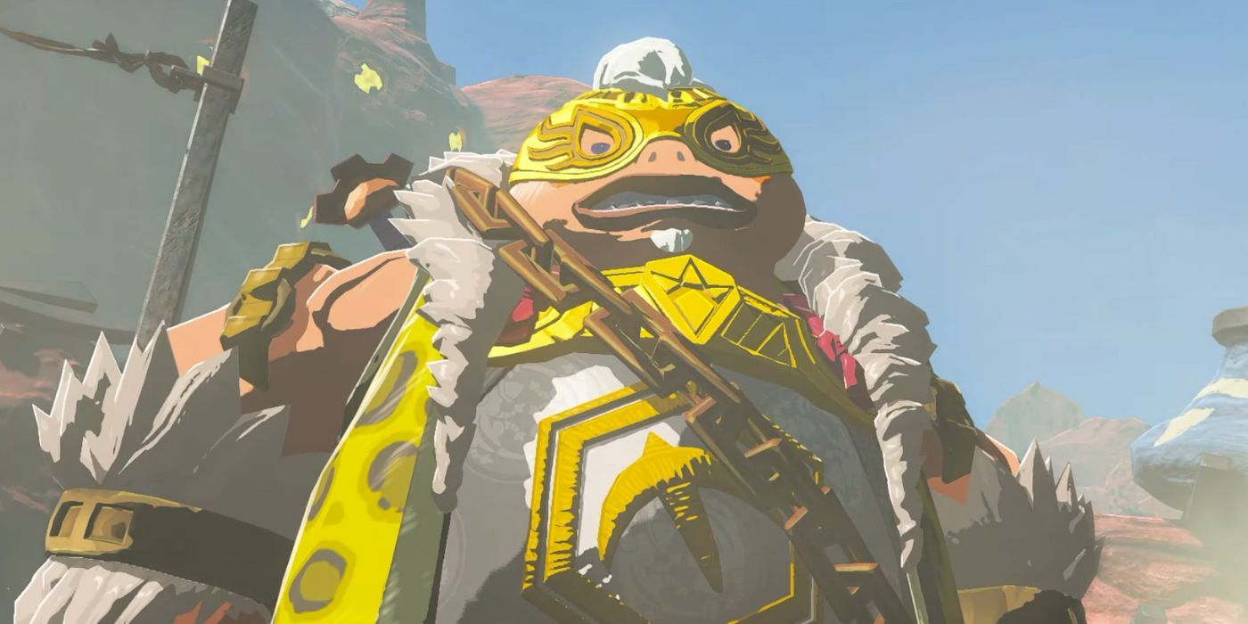 Yunobo in Tears Of The Kingdom, glad in golden armor and looking angry.