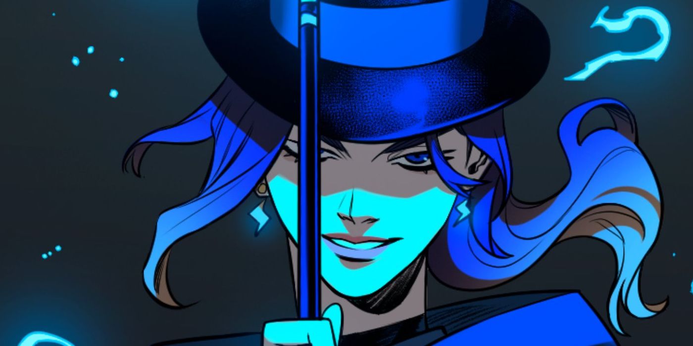 Zatanna, lit by blue light, holding a stage magician's wand before her face.