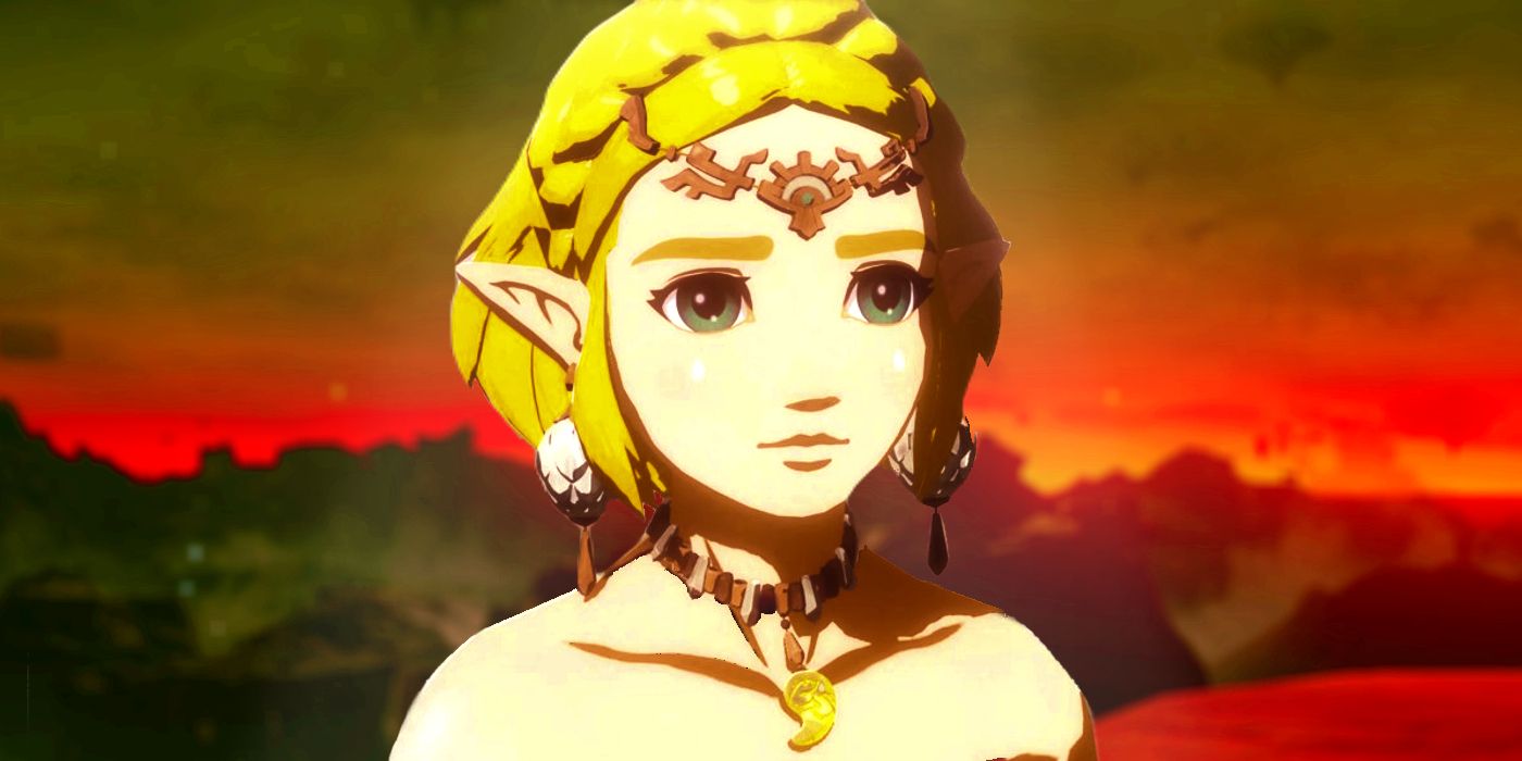 Zelda looking sad in front of a red landscape shot of Hyrule in Tears of the Kingdom.