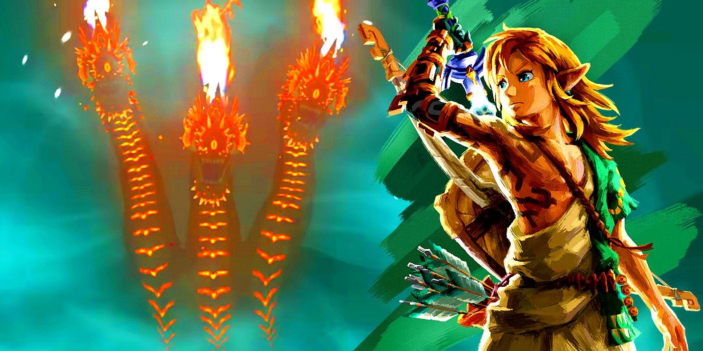 A Fire Gleeok in Zelda Tears of the Kingdom roaring to the left, while Link is pulling his Master Sword on the right.