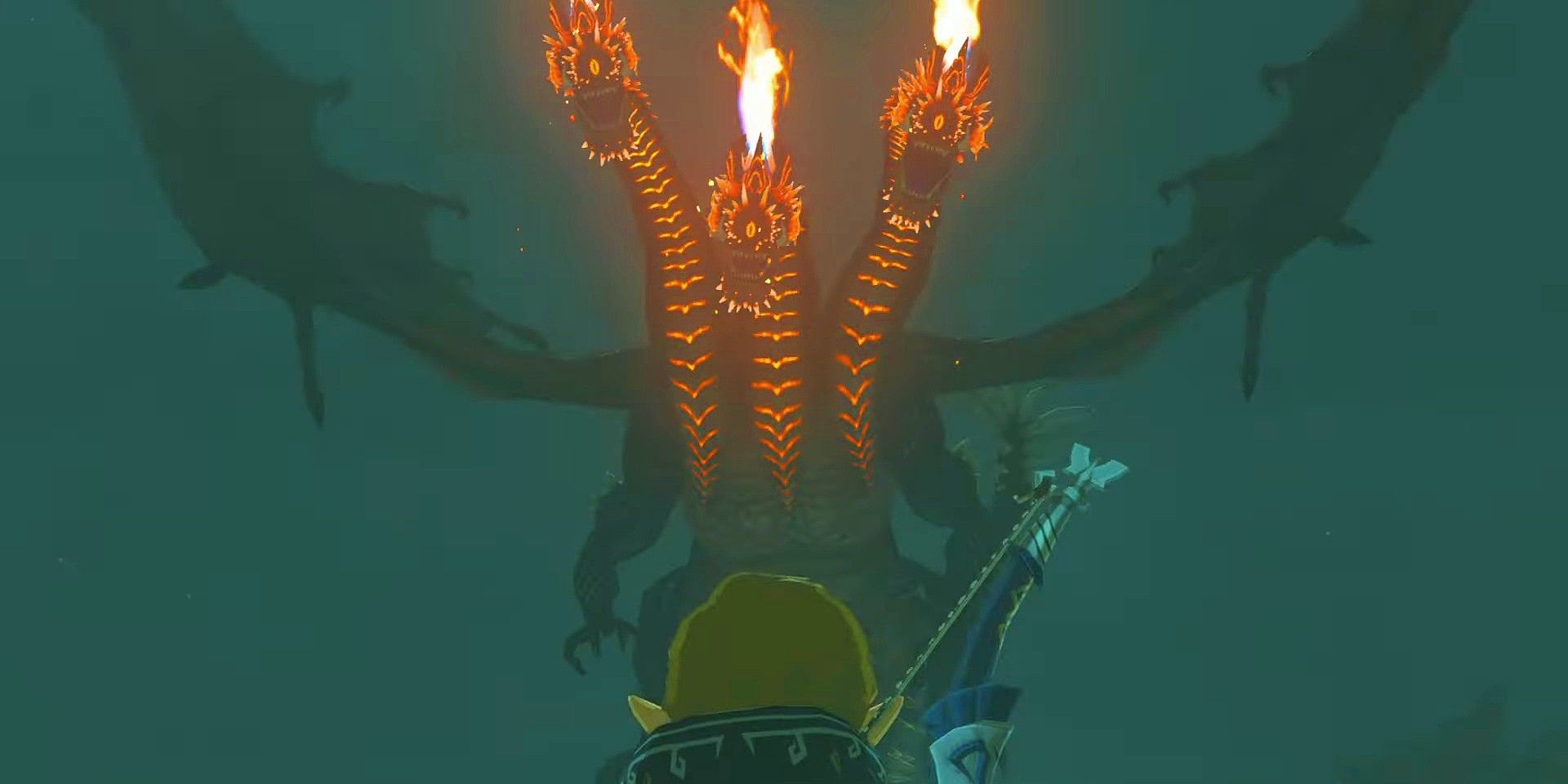 Zelda Tears of the Kingdom's Gleeok roaring in the distance with its three heads while Link stands looking at it.