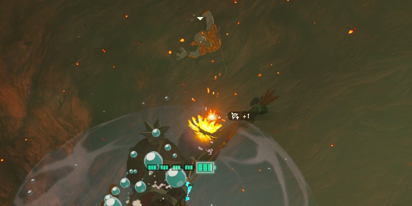 Link with the Vow of Sidon active in The Legend of Zelda: Tears of the Kingdom, aiming a Bomb Flower arrow at a Horriblin below Death Mountain.