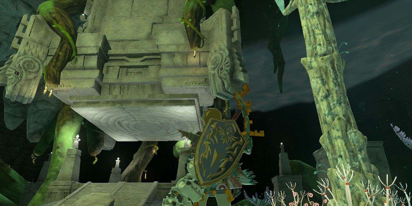 Link in the Depths, melihat Pilar yang mengarah ke Korok Woods di The Legend of Zelda: Tears of the Kingdom.