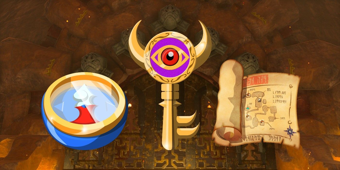 Seni Resmi Legenda Zelda dari Kunci Besar, Kompas, dan Peta Penjara Bawah Tanah dengan latar belakang pintu tengah Kuil Api Gorondia dalam The Legend of Zelda, Air Mata Kerajaan.