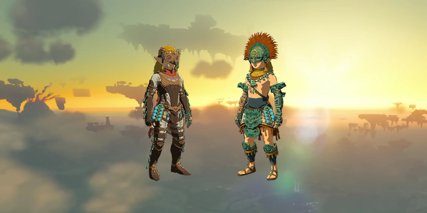 Link memakai armor Glide dan Zonaite di The Legend of Zelda: Tears of the Kingdom.