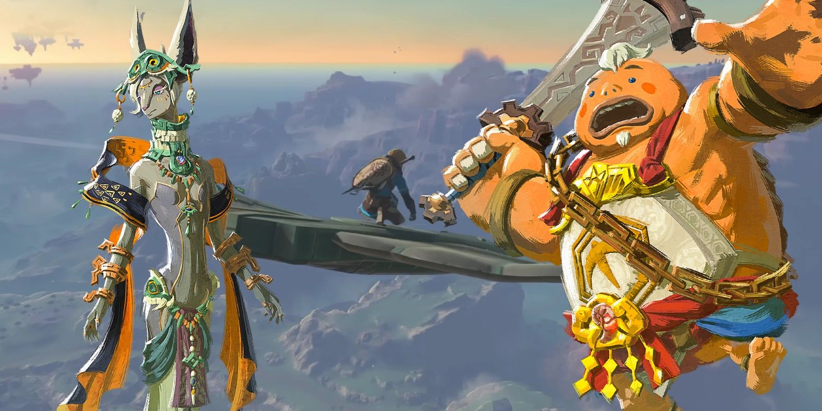 Image of Link gliding on a Zonai Wing Device in The Legend of Zelda: Tears of the Kingdom, with portraits of Mineru and Yunobo.