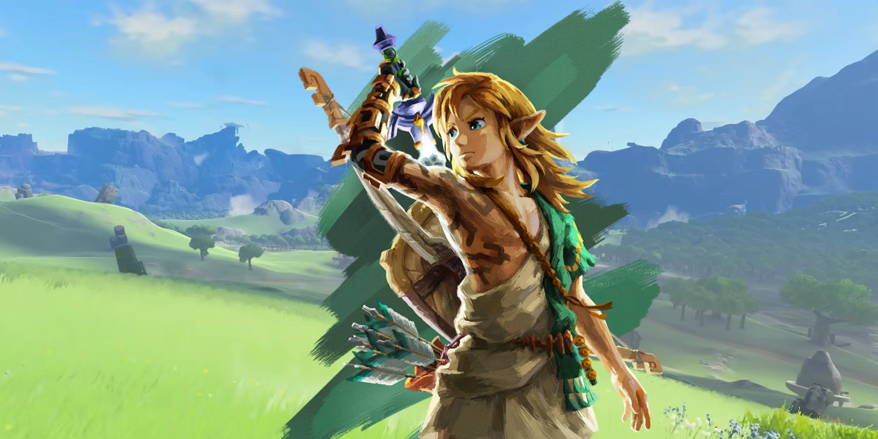 Official art of Link in The Legend of Zelda: Tears of the Kingdom against a background of Hyrule countryside.