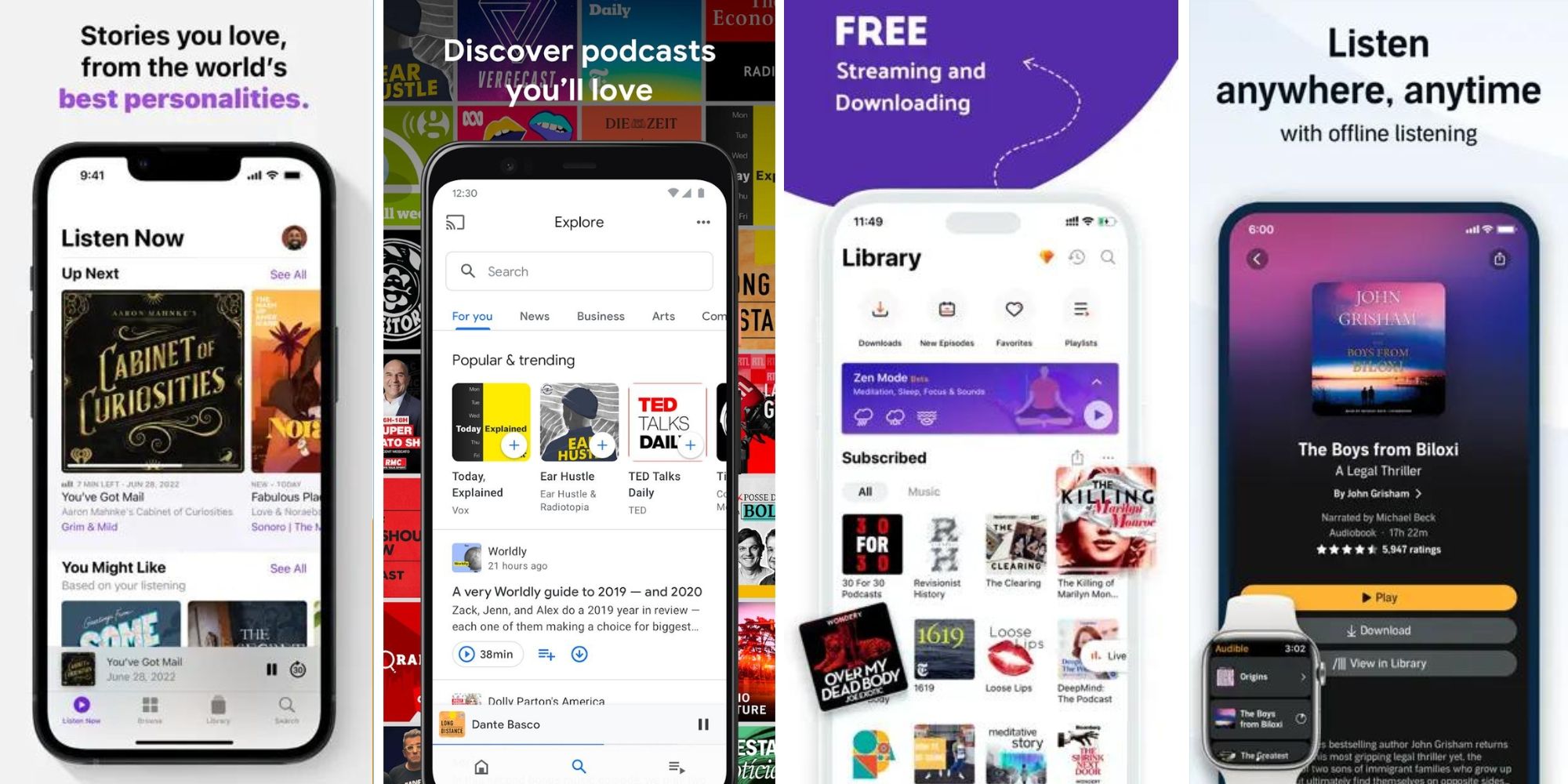Screenshots of different podcast apps for Android and iPhone