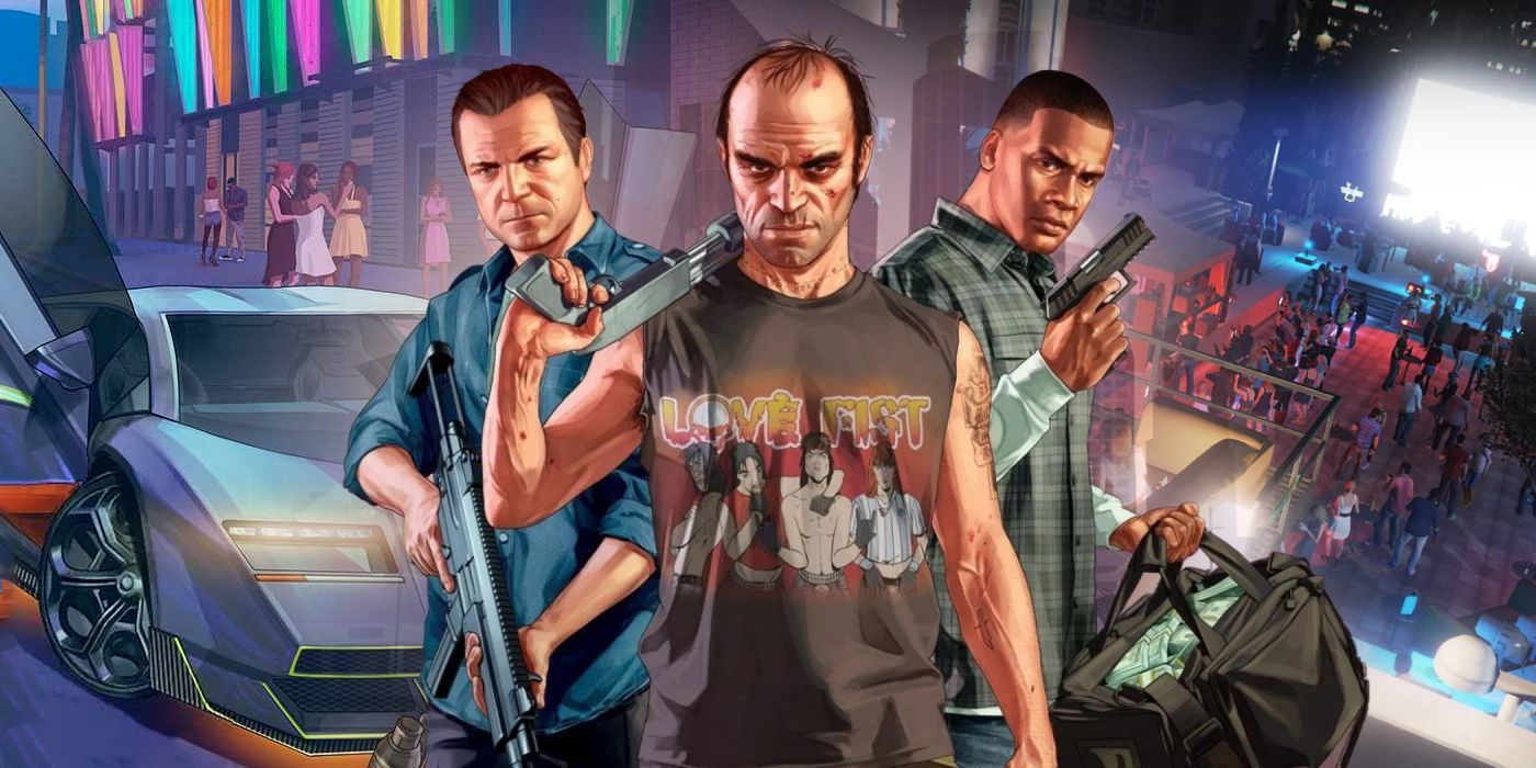 GTA 5 Characters with a fast car and a nightclub in the background.