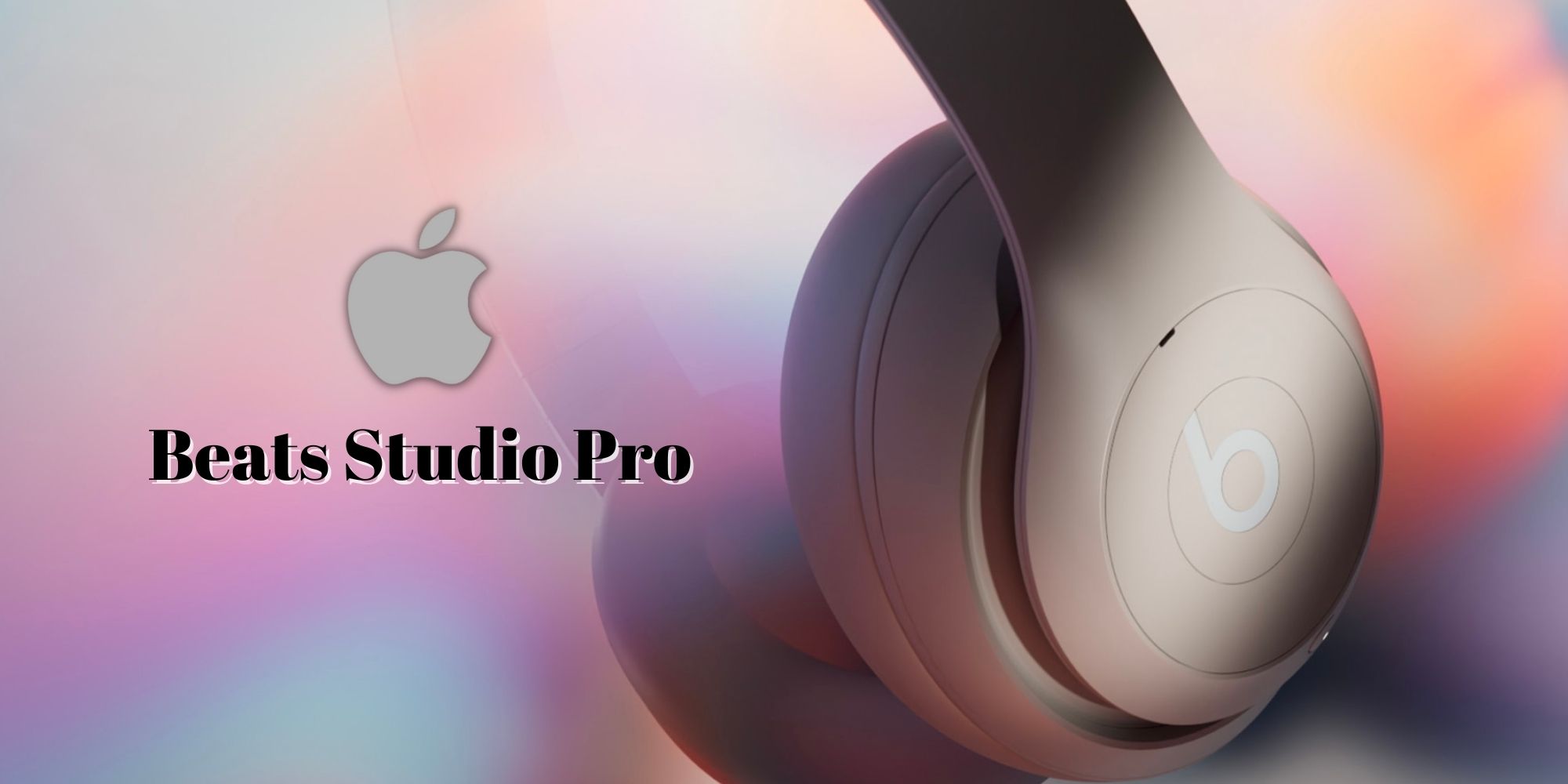 Representation of the all new Beats Studio Pro headphones over a colorful background with the Apple logo