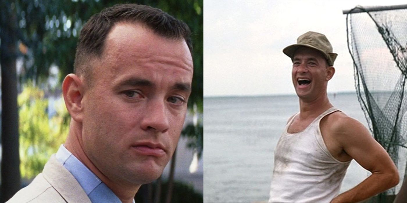 Split image of Forrest Gump on a bench and smiling on a boat