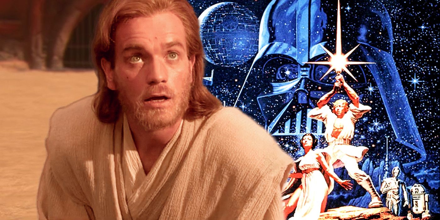 Obi-Wan Kenobi in Star Wars: Episode II - Attack of the Clones and a poster for A New Hope.