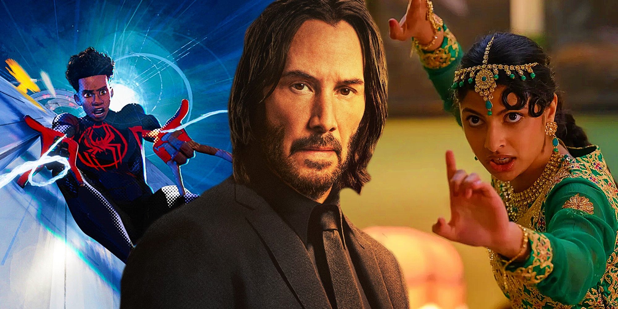 A composite image of characters from Spider-Man: Across the Spider-Verse, John Wick: Chapter 4, and Polite Society