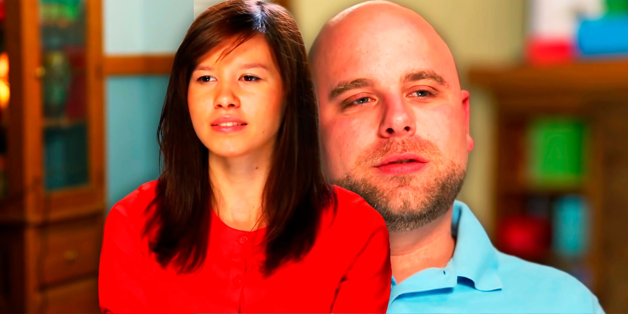 90 Day Fiancé Mike & Aziza aziza in red top mike in blue montage