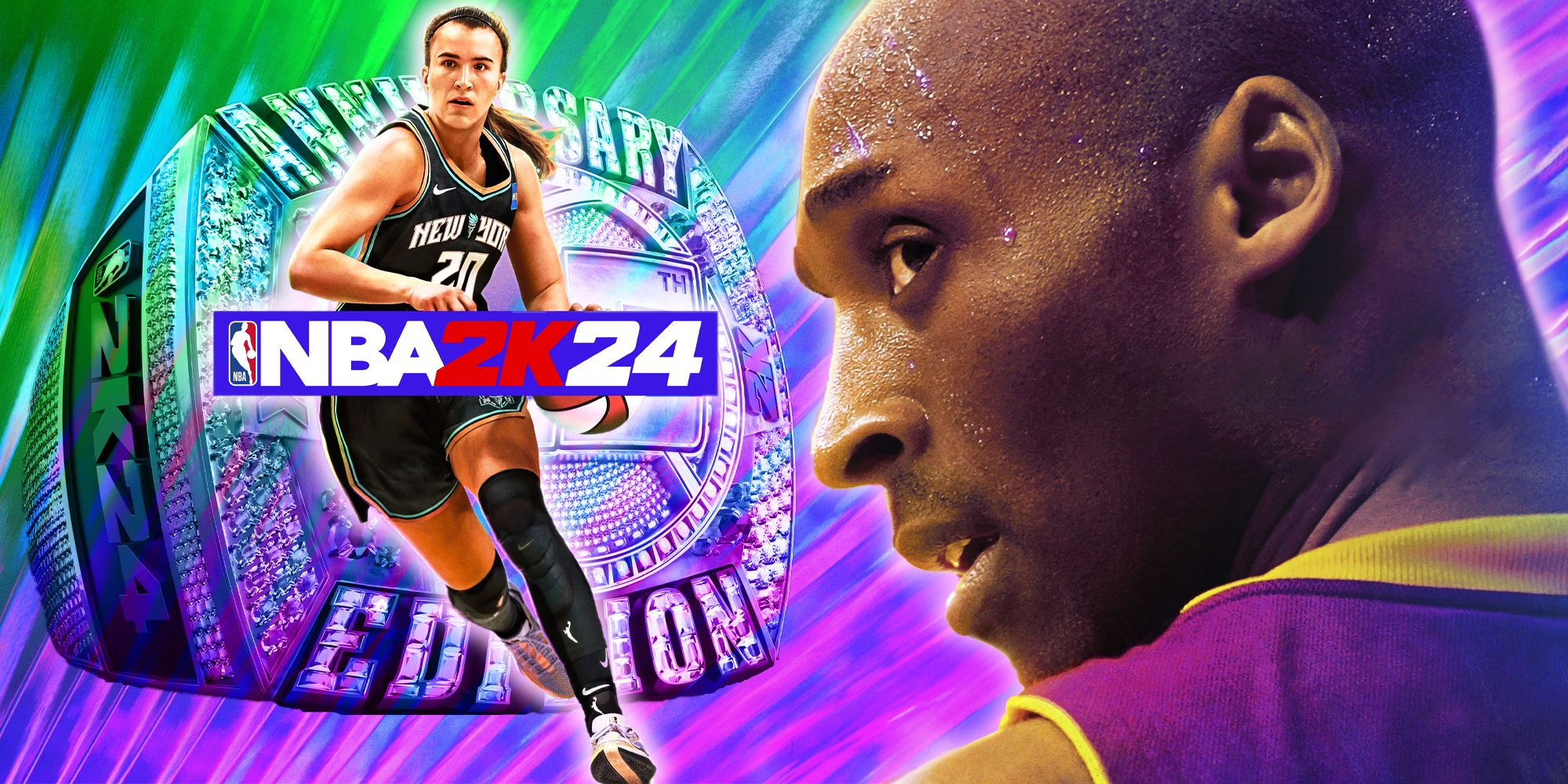 A combination of multiple 2K24 covers, with a close-up of Kobe Bryant on the left, and full-body action shot of Sabrina Ionescu on the left behind the NBA 2K24 logo and in front of a jeweled ring created for the game's Anniversary Edition.