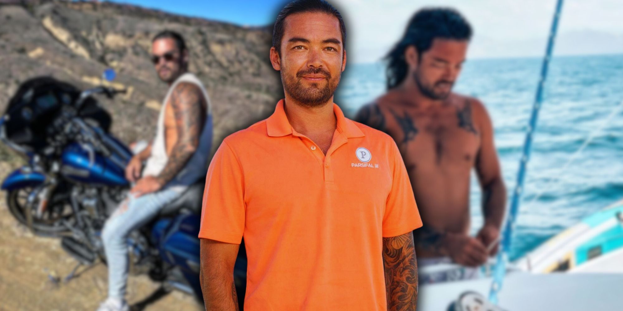 Colin from Below Deck Sailing Yacht montage orange shirt and shirtless and on motorbike