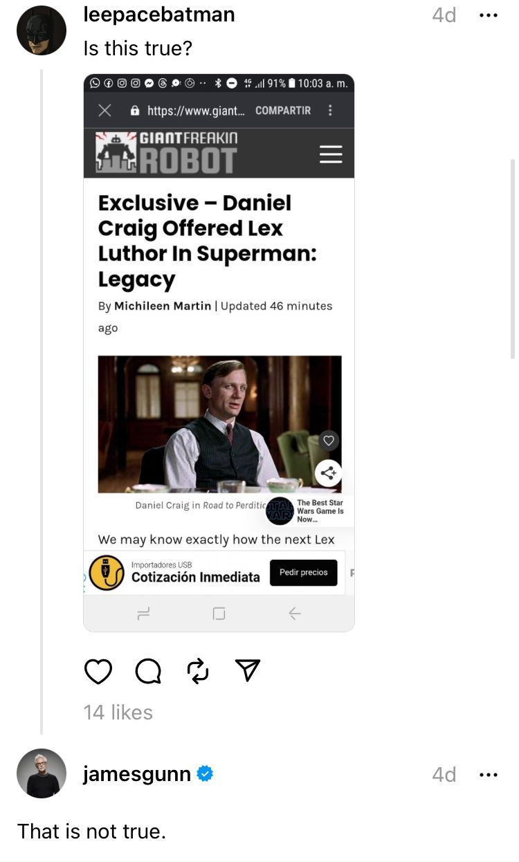 James Gunn debunks Daniel Craig as Superman: Legacy&rsquo;s Lex Luthor rumor on Threads.