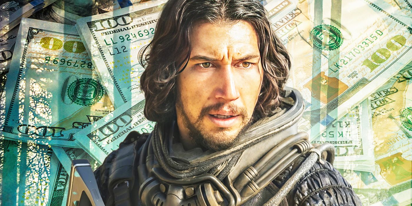 Adam Driver against a backdrop of money