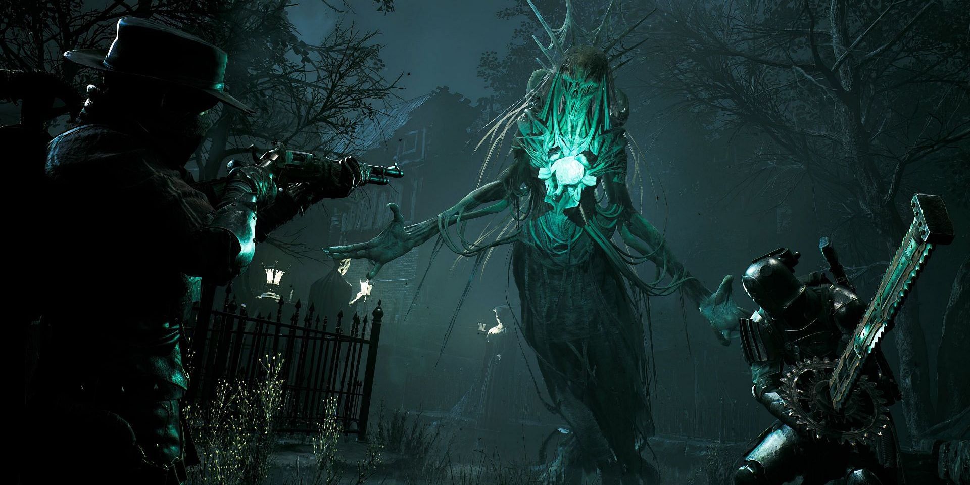 The alchemist, wearing a cowboy hat, aims a rifle at a green-glowing enemy with various tendrils in a foggy screenshot from Remnant 2.