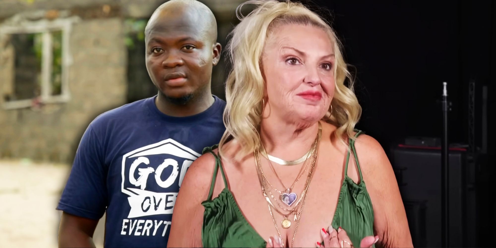 Montage of 90 Day Fiancé's Angela Deem in green dress looking smug and Michael Ilesanmi in blue t-shirt with worried expression