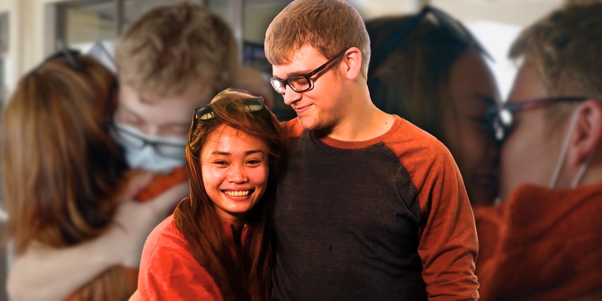 Montage of 90 Day Fiance's Brandan DeNuccio in brown shirt and Mary Demasu-ay in orange top smiling and embracing