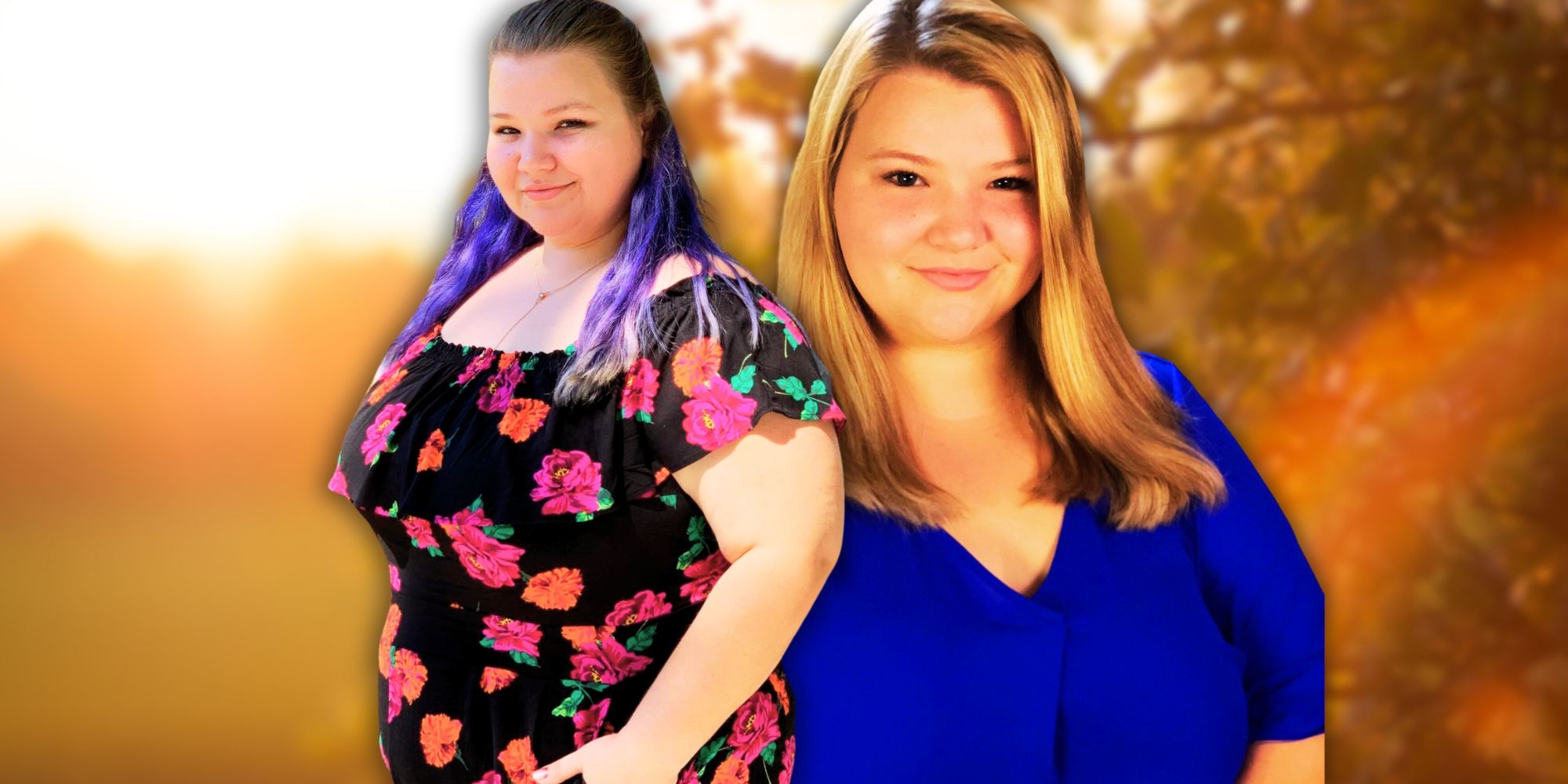 90 Day Fiancé's Nicole Nafziger in two different outfits with orange background
