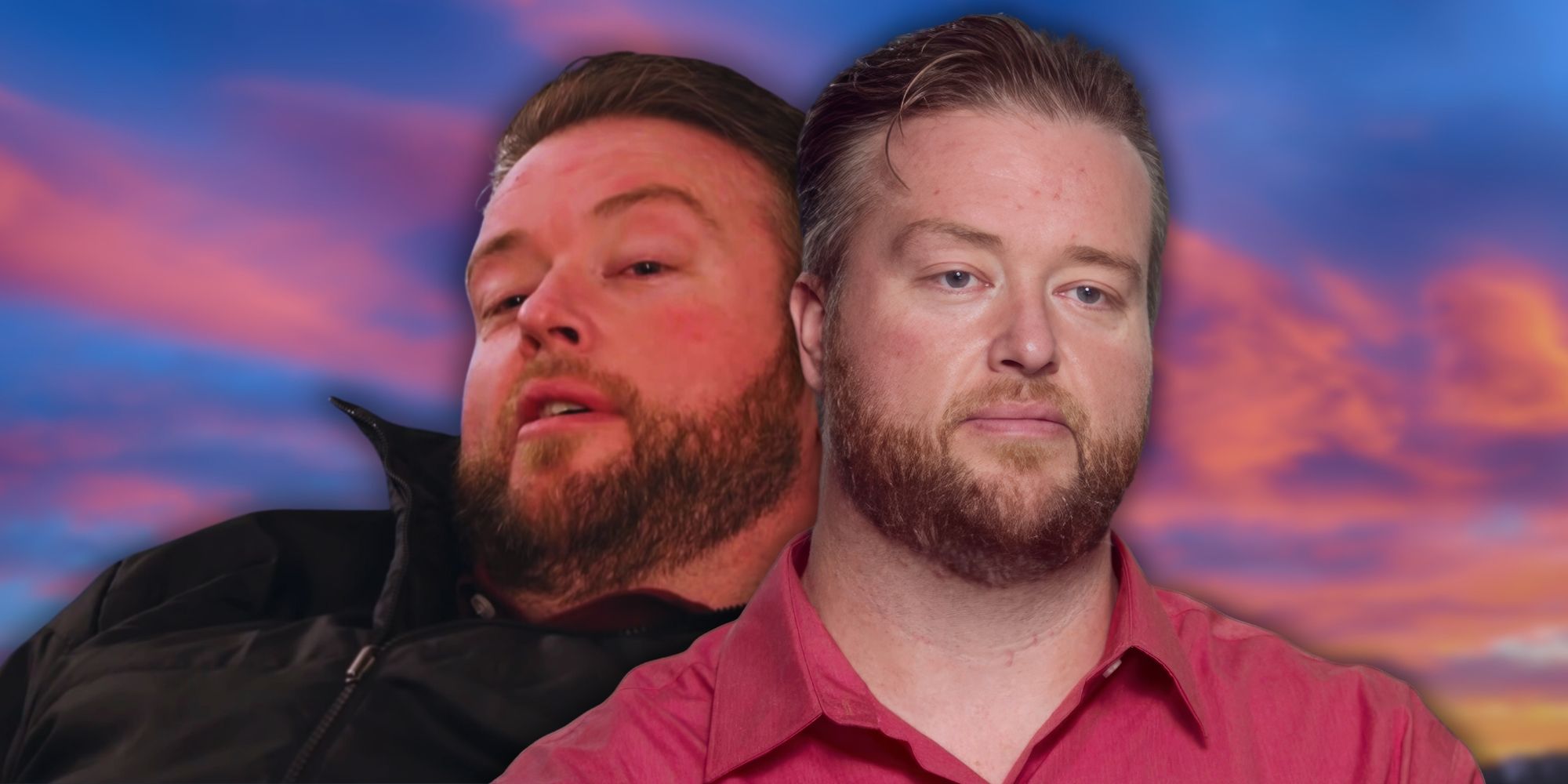 90 Day Fiancé Mike Youngquist in two sullen posts with sunset background