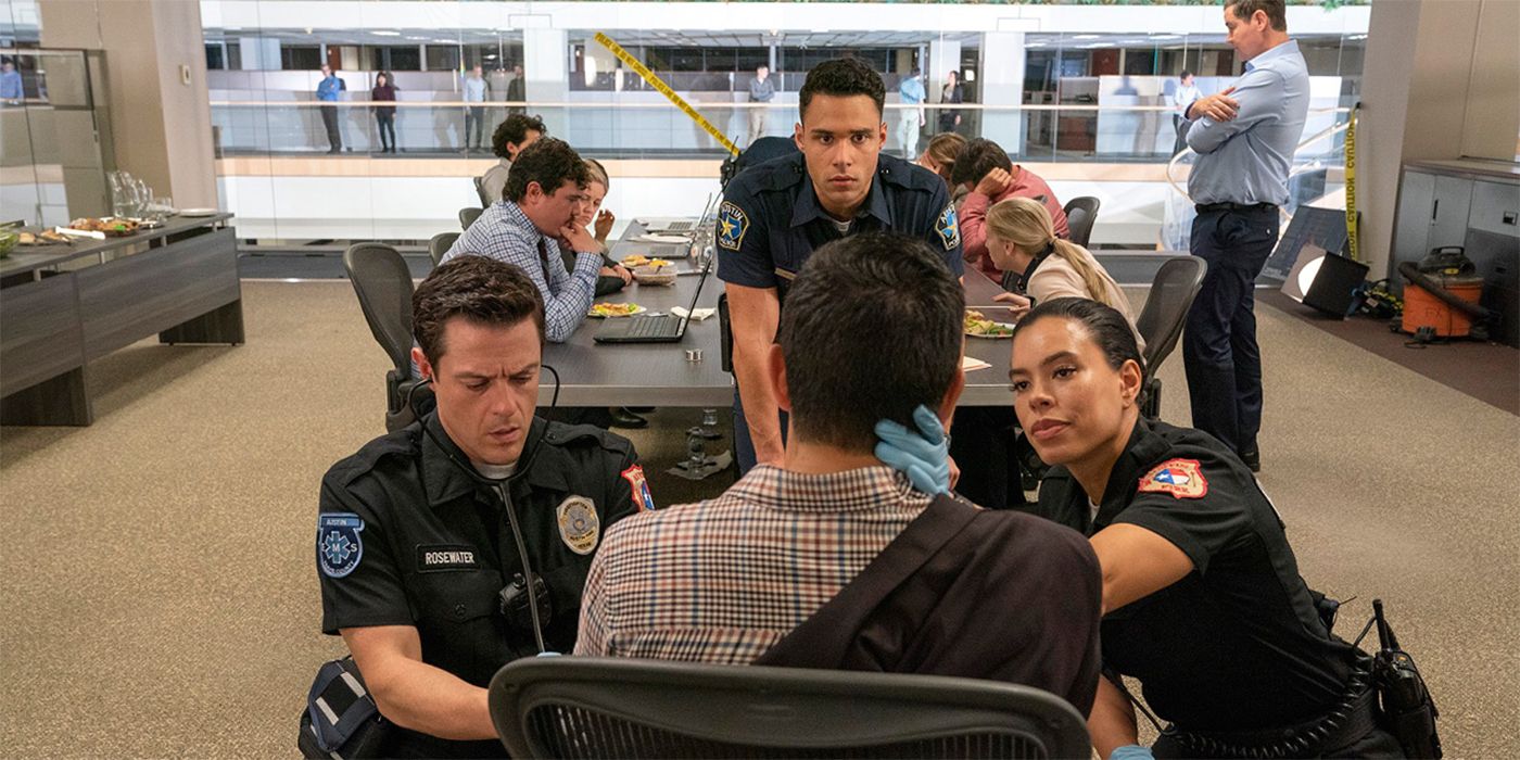 The cast of 911 Lone Star treats a patient sitting in an office chair