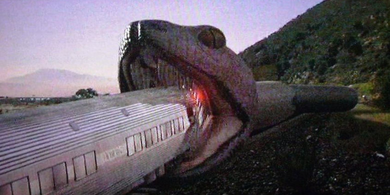 A giant snake eats a train in Snakes on a Train
