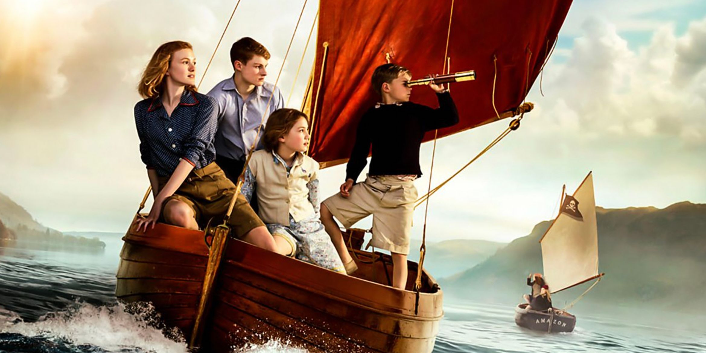 A group of children on a boat using a spyglass in Swallows and Amazons