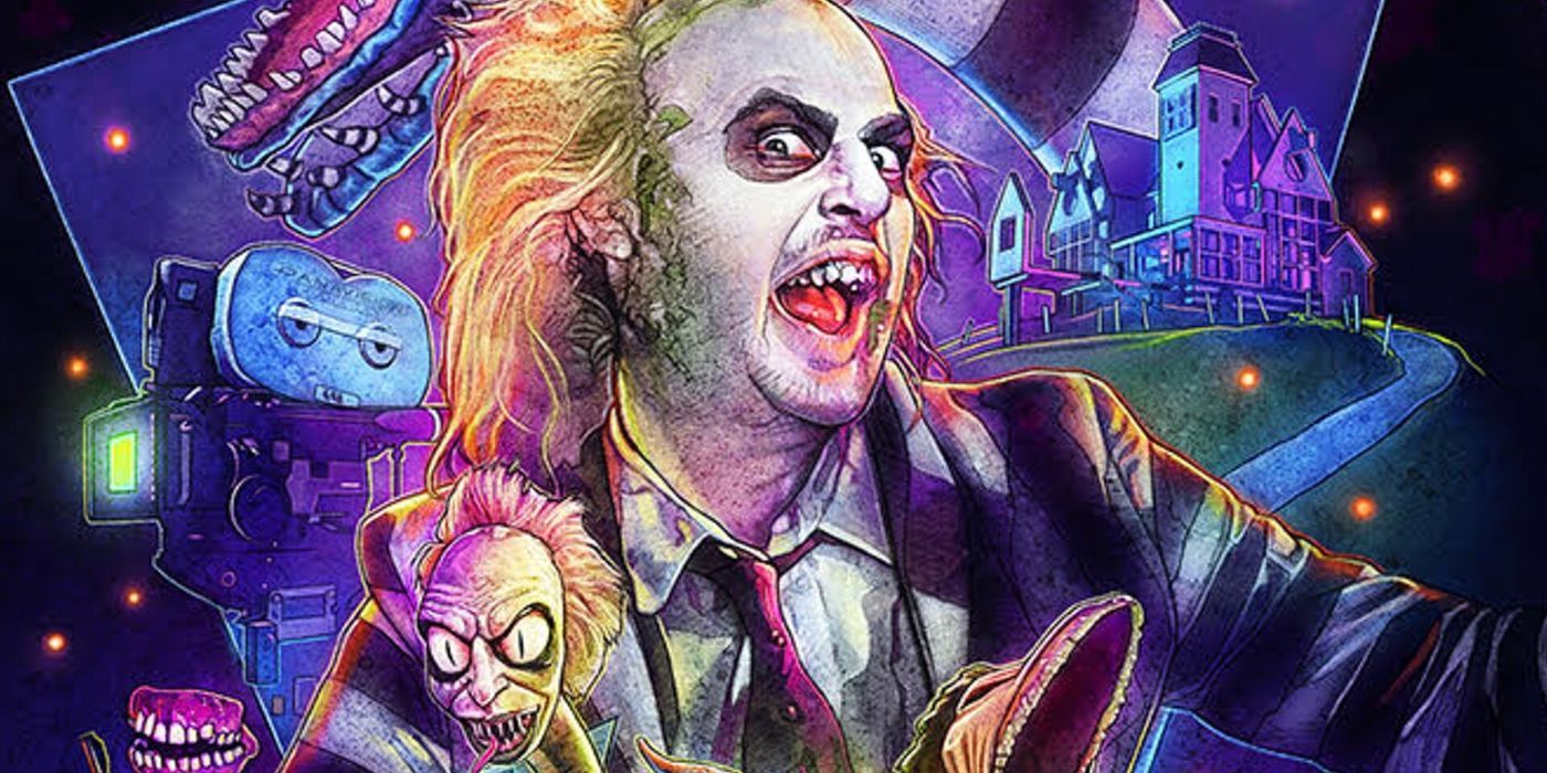 A poster of Beetlejuice featuring the titular character smiling