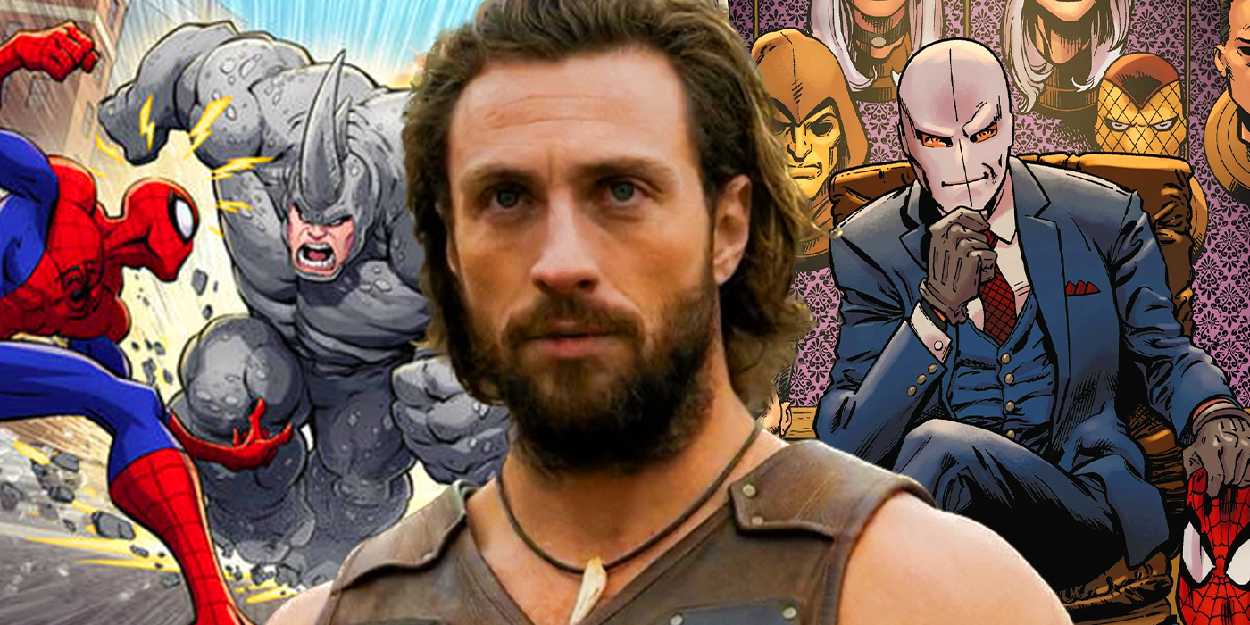 Aaron Taylor-Johnson as Kraven the Hunter with Spider-Man, Rhino, and Chameleon in Marvel Comics