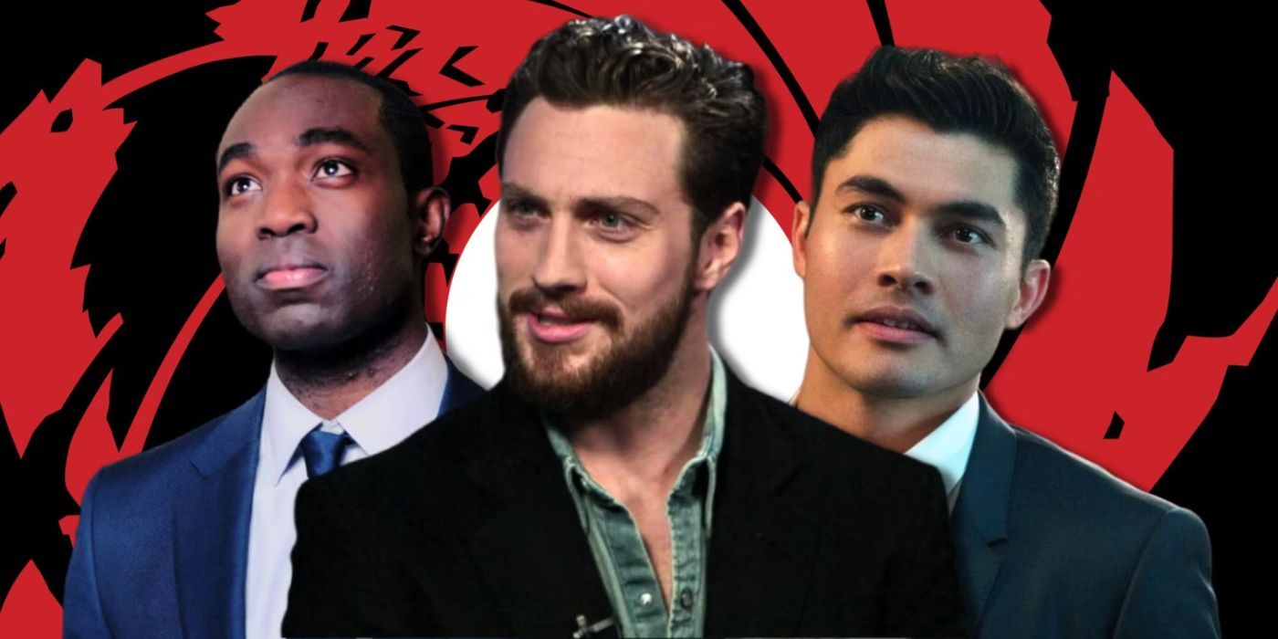 Aaron Taylor Johnson, Paapa Essiedu and Henry Golding looking sideways with a blood soaked gun barrel in the background
