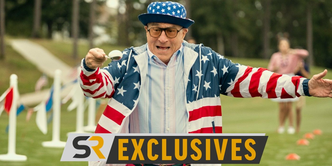 About My Father's Robert De Niro competing in an egg on a spoon race in American flag clothing with the SR Exclusives logo below.
