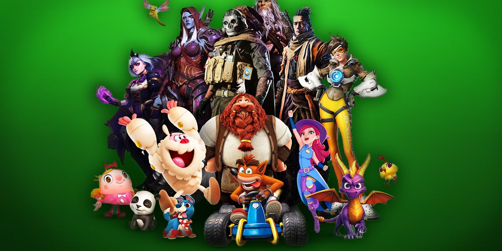 A group of Activion Blizzard characters, including Ghost from Call of Duty, Spyro, Crash Bandicoot, and Tracer from Overwatch on an Xbox-green background.
