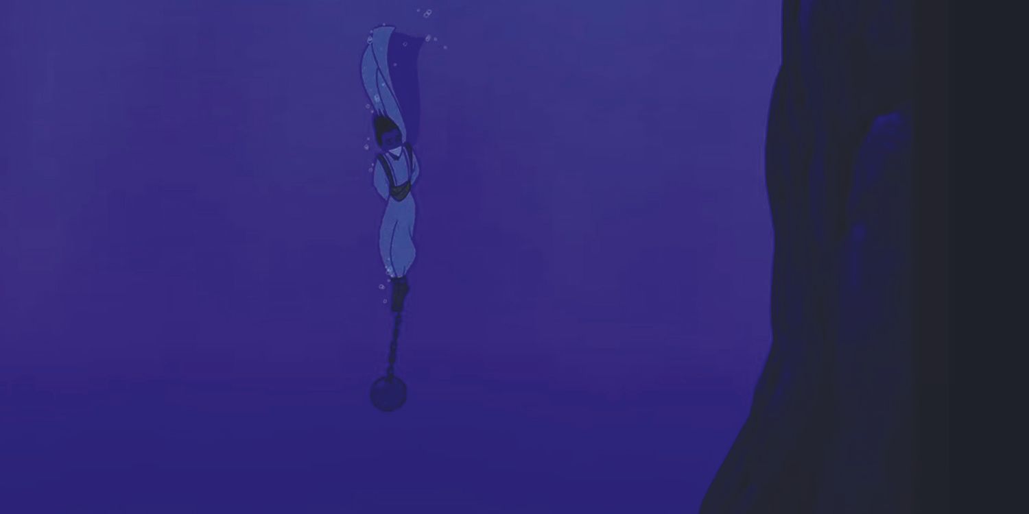 Jafar's men throws Aladdin into the sea with a ball and chain attached to his feet.
