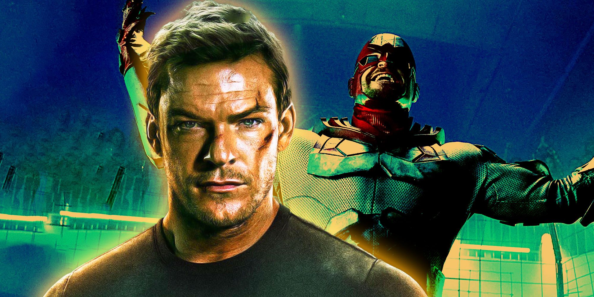 Split image of Alan Ritchson as Jack Reacher and Hawk in Titans