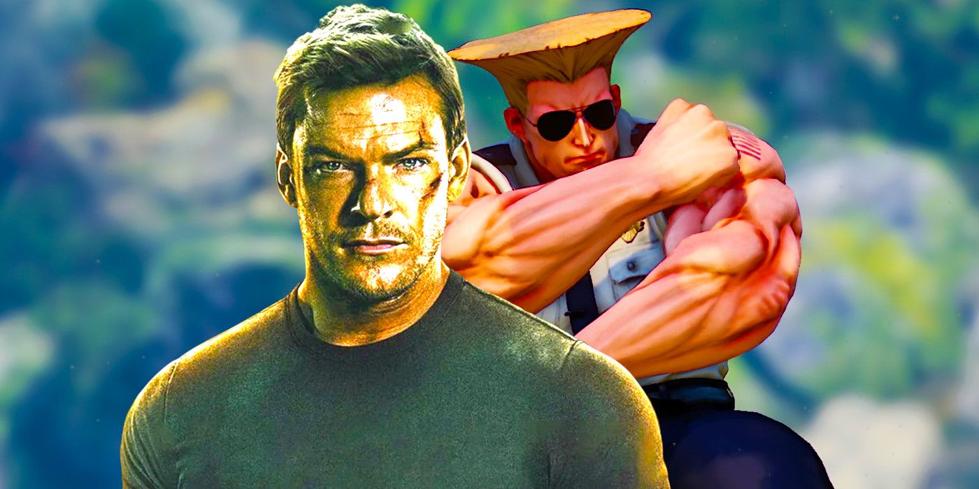 Alan Ritchson in Reacher with a battered face glaring forward, with Guile from Street Fighter flexing his cartoonish muscles