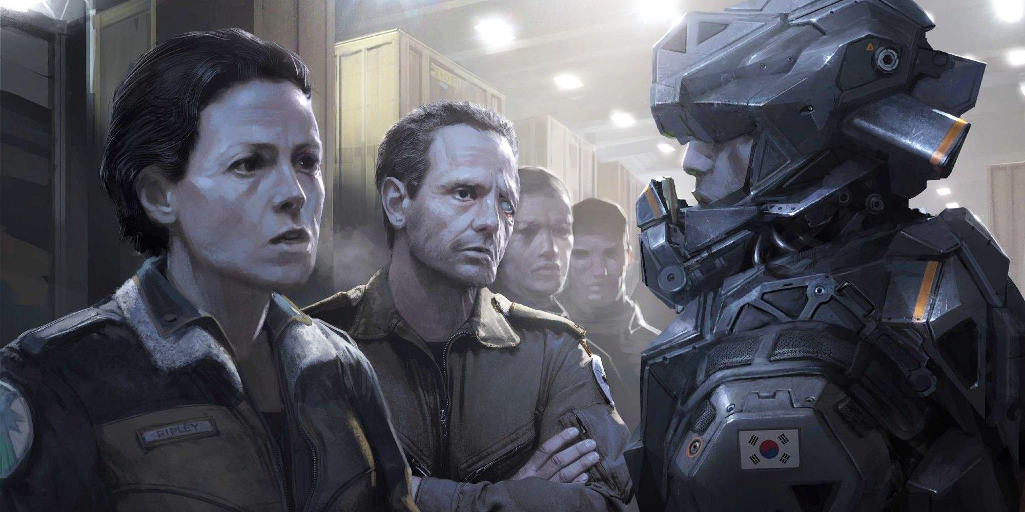 Geoffroy, Thoorens, Ripley, Hicks, Merc as Team C in Alien 5 Concept Art