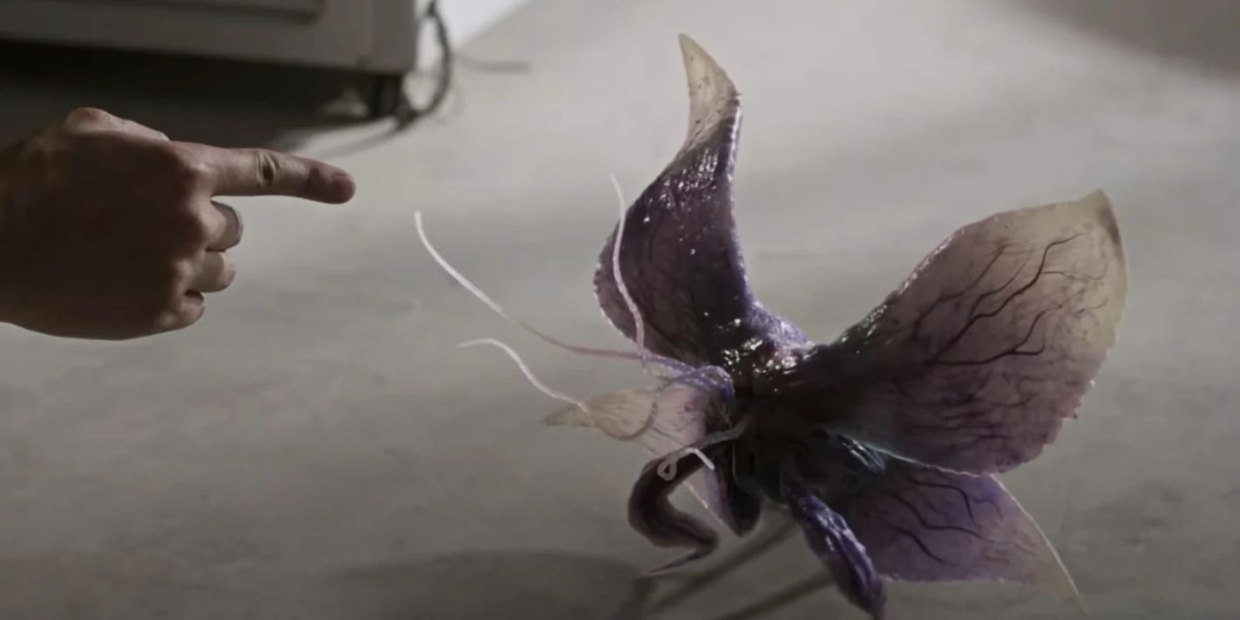 A person holds their finger out to a purple butterfly-looking alien in Duty After School.