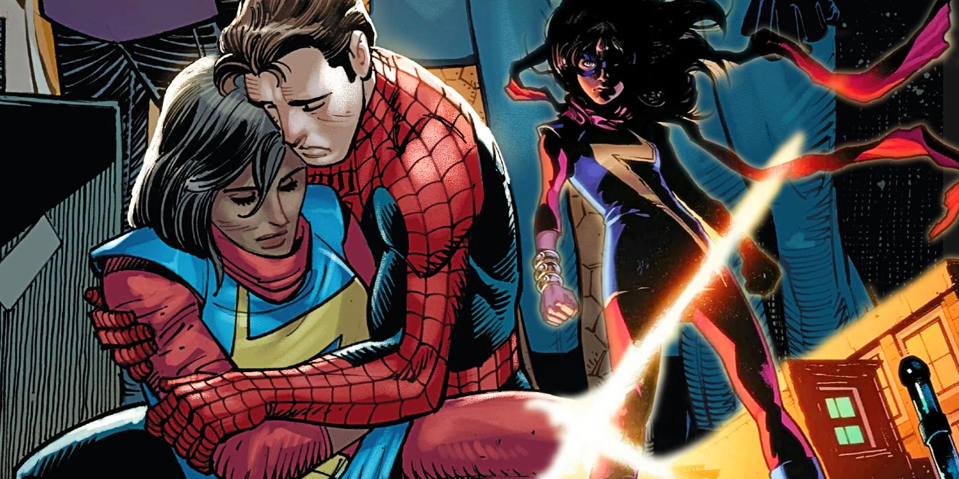 Kamala's body lies in Spider-Man's arms; to the right, a glowing Kamala angrily watches.