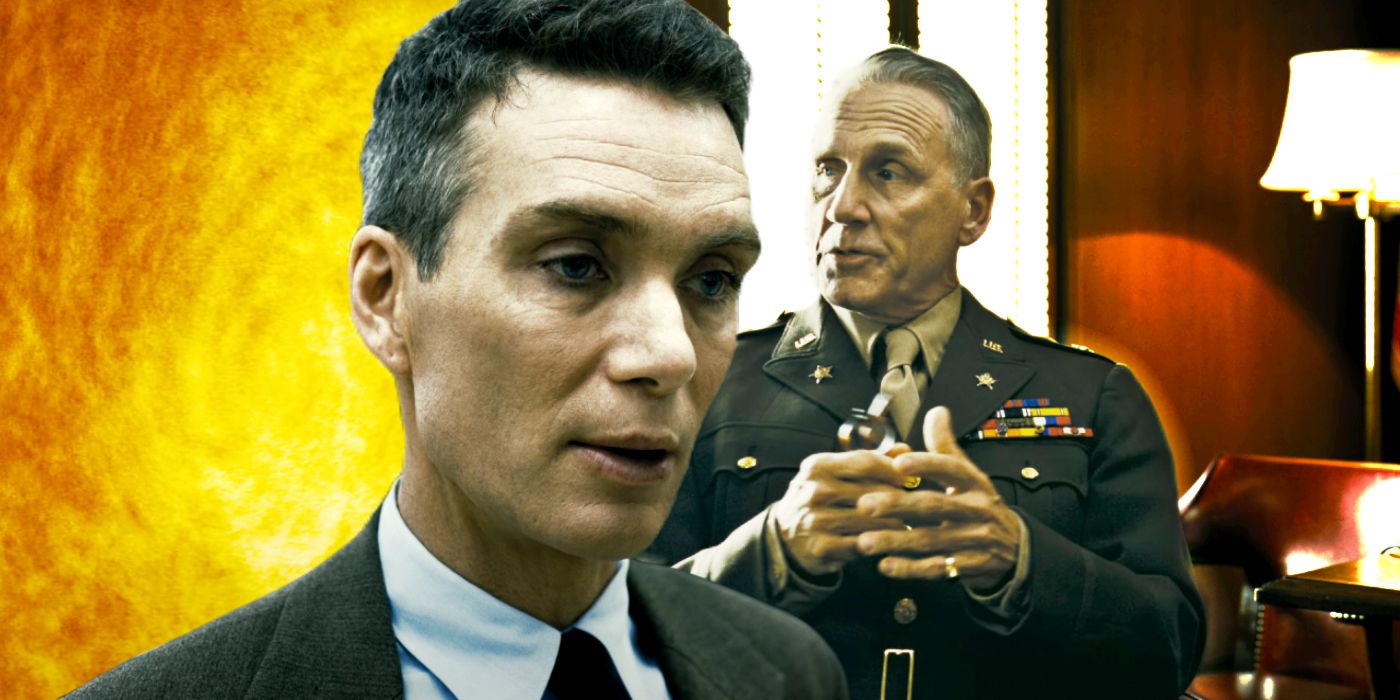 An explosion in an office in Oppenheimer with the character and a general together side by side